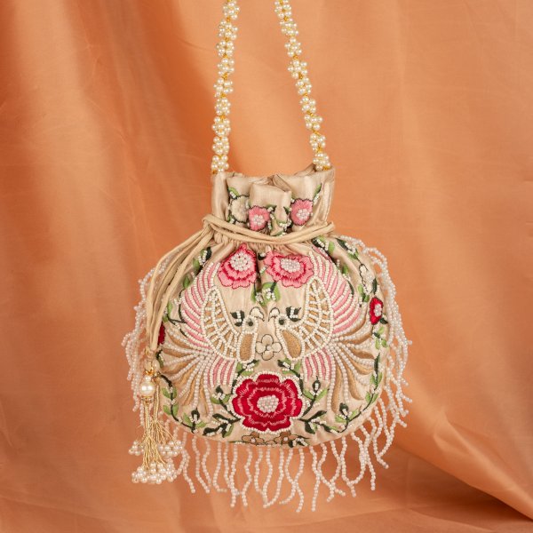 Hawk Embroider Designer Inspired Handbag For Woman | Zardosi Sequin Embroidery Drawstring Evening Potli Purse | Black Handbag With Pearl