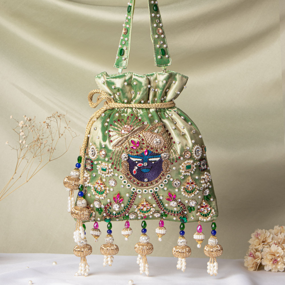 Image of Green Jewellery Shrinathji Tissue Potli | Rich Hand-Embroidered Traditional Potli