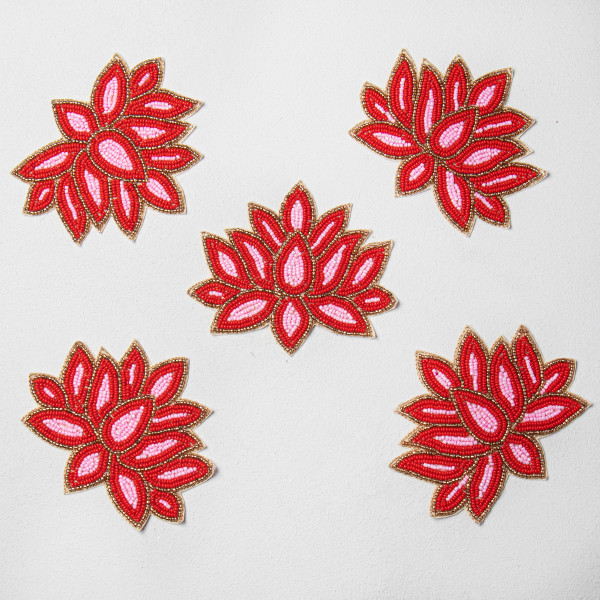 Handcrafted Red Lotus Beaded Embroidery Patch | Premium Designer Floral Applique for Bridal Wear, Ethnic Fashion, Costume Design & DIY Crafts | 11.5cm x 13.6cm  (PAIR)