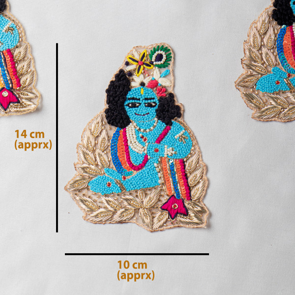 Handmade Krishna Embroidery Patch – Zardozi, Beads, Katdana, Thread Work Applique for Saree, Kurti, Blouse (14x10 cm)