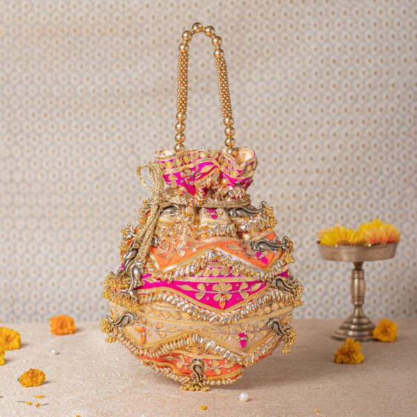 Designer Multicolor Gota Patti Potli Bag | Orange Pink Gold Festive Potli