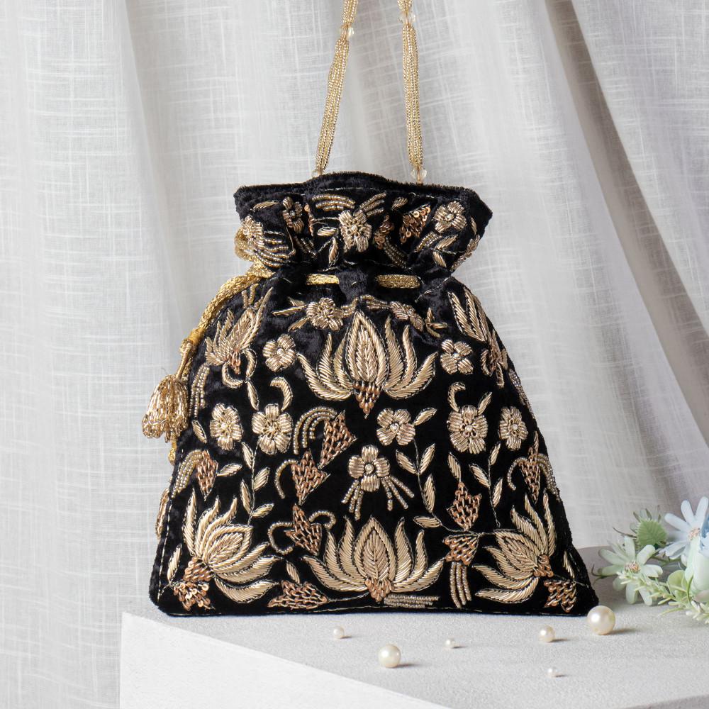 Image of Black Zardozi Embroidered Velvet Lotus Potli Bag