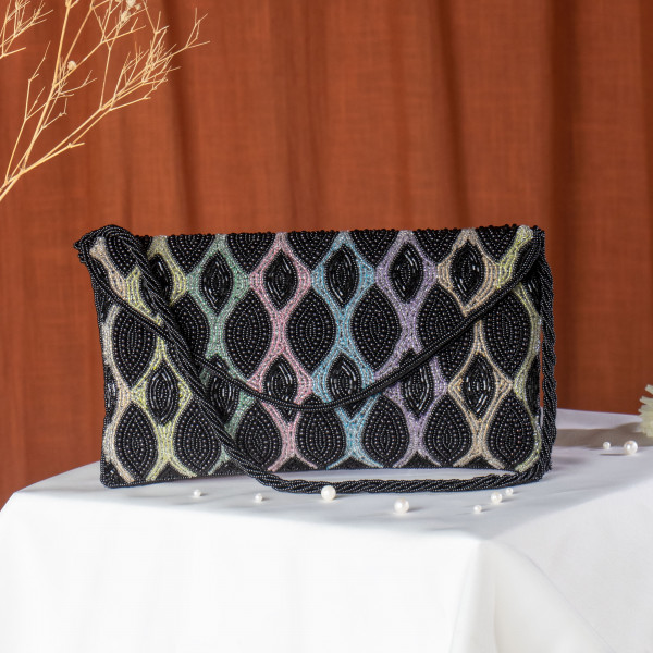 Black Multi-Colored Beaded Ethnic Flap Clutch