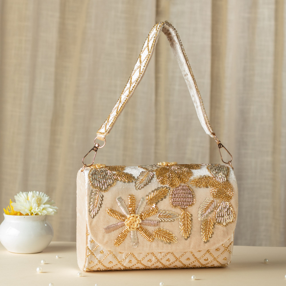 Image of Beige Velvet Zardosi &amp; Glass Bead Handcrafted Luxury Clutch