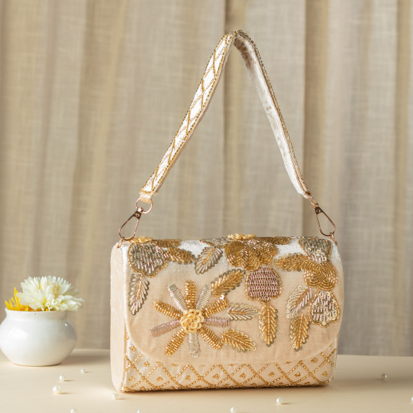 Beige Velvet Zardosi & Glass Bead Handcrafted Luxury Clutch