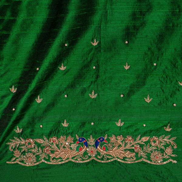 Premium Green Raw Silk Fabric with Hand-Embellished Zardozi Embroidery – 1 Meter Blouse Fabric