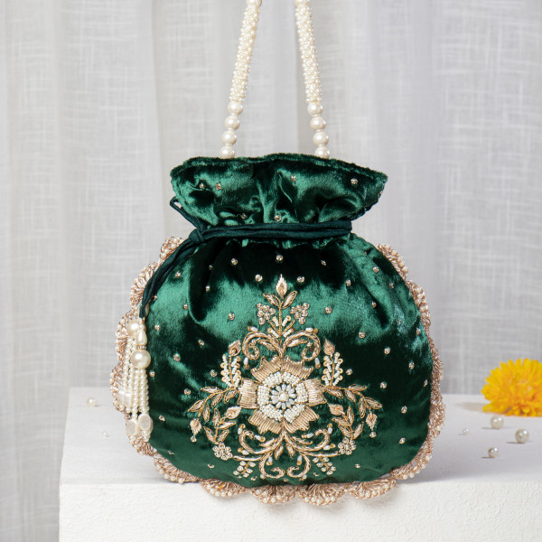 Emerald Green Velvet Zardosi Potli