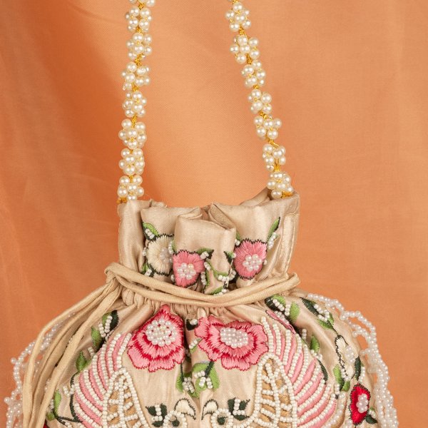 Hawk Embroider Designer Inspired Handbag For Woman | Zardosi Sequin Embroidery Drawstring Evening Potli Purse | Black Handbag With Pearl
