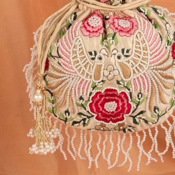 Hawk Embroider Designer Inspired Handbag For Woman | Zardosi Sequin Embroidery Drawstring Evening Potli Purse | Black Handbag With Pearl
