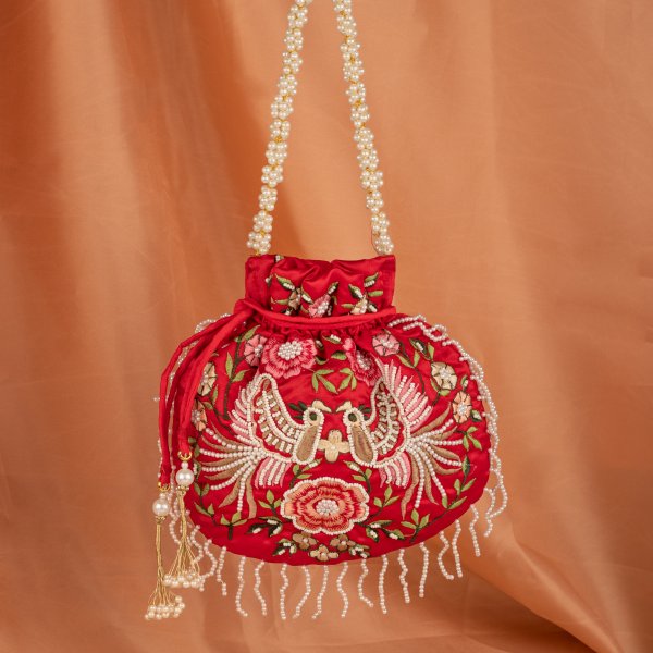 Hawk Embroider Designer Inspired Handbag For Woman | Zardosi Sequin Embroidery Drawstring Evening Potli Purse | Black Handbag With Pearl