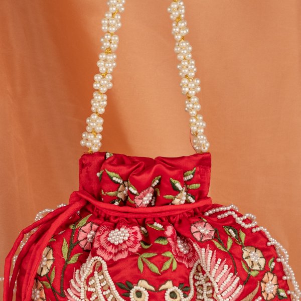 Hawk Embroider Designer Inspired Handbag For Woman | Zardosi Sequin Embroidery Drawstring Evening Potli Purse | Black Handbag With Pearl