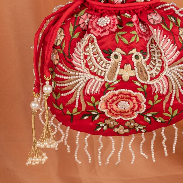 Hawk Embroider Designer Inspired Handbag For Woman | Zardosi Sequin Embroidery Drawstring Evening Potli Purse | Black Handbag With Pearl