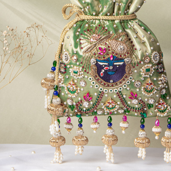 Green Jewellery Shrinathji Tissue Potli | Rich Hand-Embroidered Traditional Potli