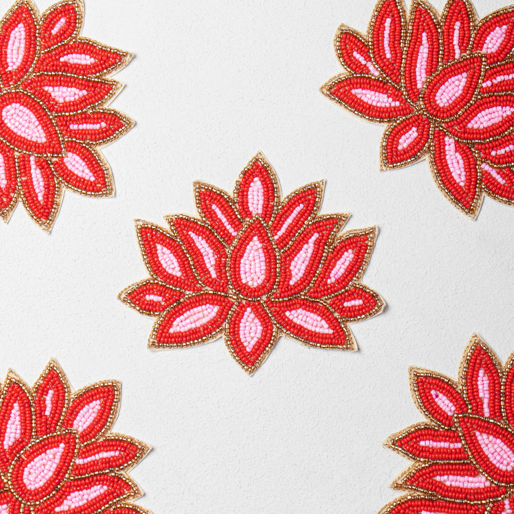 Image of Handcrafted Red Lotus Beaded Embroidery Patch | Premium Designer Floral Applique for Bridal Wear, Ethnic Fashion, Costume Design &amp; DIY Crafts | 11.5cm x 13.6cm  (PAIR)