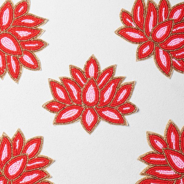 Handcrafted Red Lotus Beaded Embroidery Patch | Premium Designer Floral Applique for Bridal Wear, Ethnic Fashion, Costume Design & DIY Crafts | 11.5cm x 13.6cm  (PAIR)