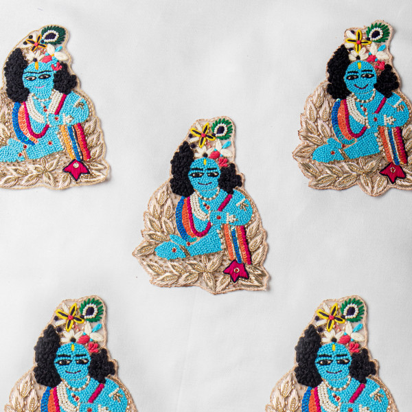 Handmade Krishna Embroidery Patch – Zardozi, Beads, Katdana, Thread Work Applique for Saree, Kurti, Blouse (14x10 cm)