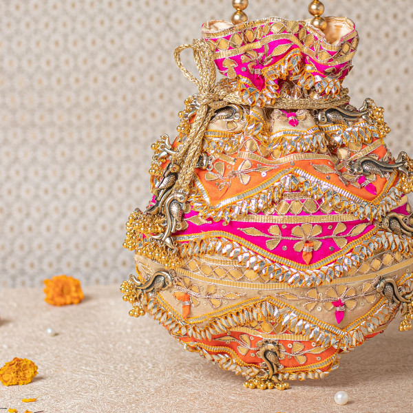 Designer Multicolor Gota Patti Potli Bag | Orange Pink Gold Festive Potli