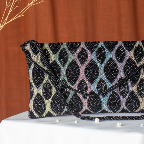 Black Multi-Colored Beaded Ethnic Flap Clutch