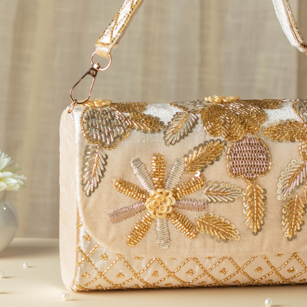 Beige Velvet Zardosi & Glass Bead Handcrafted Luxury Clutch