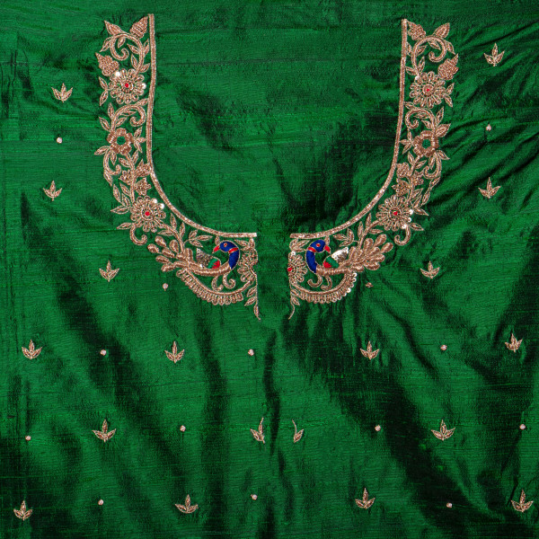 Premium Green Raw Silk Fabric with Hand-Embellished Zardozi Embroidery – 1 Meter Blouse Fabric
