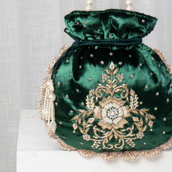 Emerald Green Velvet Zardosi Potli
