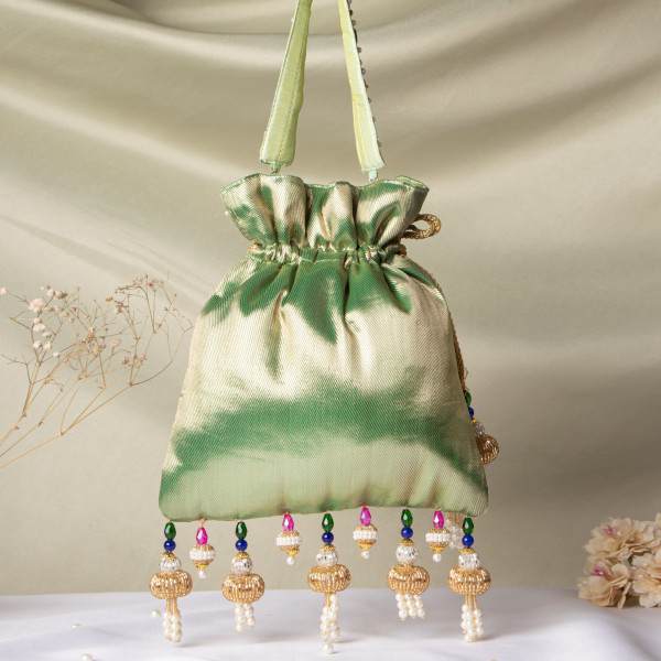 Green Jewellery Shrinathji Tissue Potli | Rich Hand-Embroidered Traditional Potli