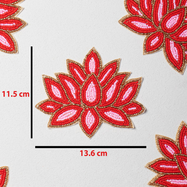 Handcrafted Red Lotus Beaded Embroidery Patch | Premium Designer Floral Applique for Bridal Wear, Ethnic Fashion, Costume Design & DIY Crafts | 11.5cm x 13.6cm  (PAIR)