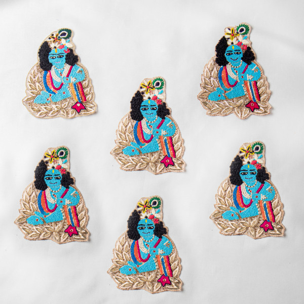Handmade Krishna Embroidery Patch – Zardozi, Beads, Katdana, Thread Work Applique for Saree, Kurti, Blouse (14x10 cm)