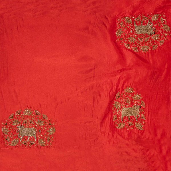 Ethnic Wedding Cow Pichwai Dori Marodi Embroidered OrangeBlouse Fabric