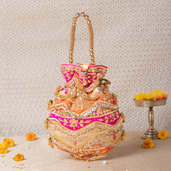 Designer Multicolor Gota Patti Potli Bag | Orange Pink Gold Festive Potli