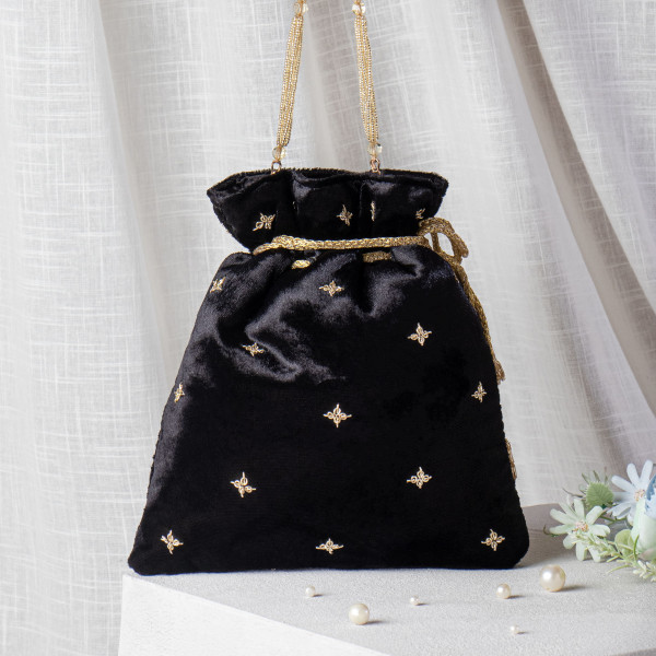 Black Zardozi Embroidered Velvet Lotus Potli Bag