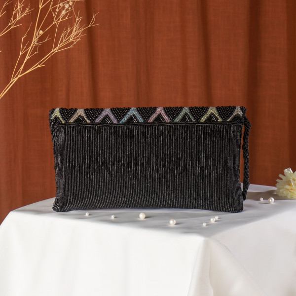 Black Multi-Colored Beaded Ethnic Flap Clutch