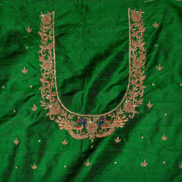 Premium Green Raw Silk Fabric with Hand-Embellished Zardozi Embroidery – 1 Meter Blouse Fabric