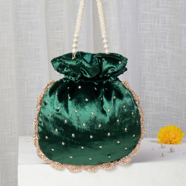Emerald Green Velvet Zardosi Potli