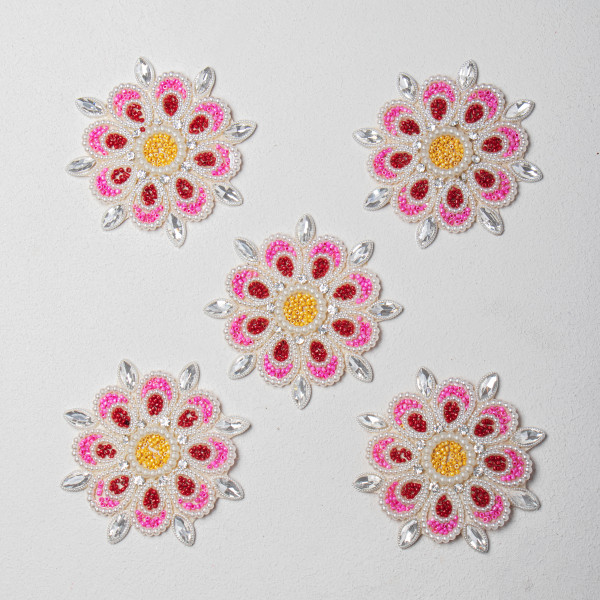 Beads Work with Crystal Stones & Pearl Embroidery | Designer Patch for Sarees, Lehengas, Blouses & DIY Crafts | Size: 11.5 cm(SET OF 10)