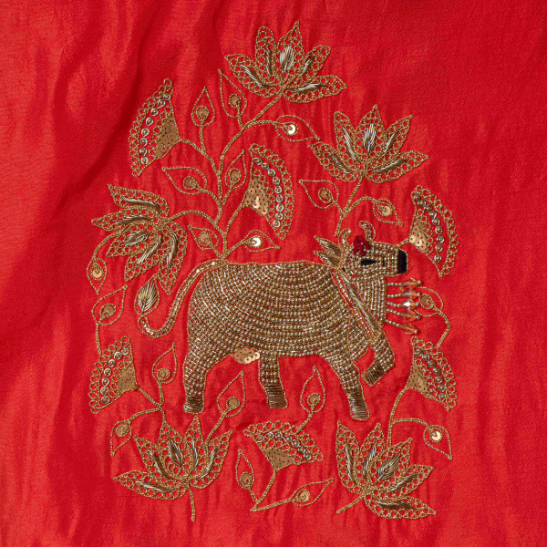 Ethnic Wedding Cow Pichwai Dori Marodi Embroidered OrangeBlouse Fabric