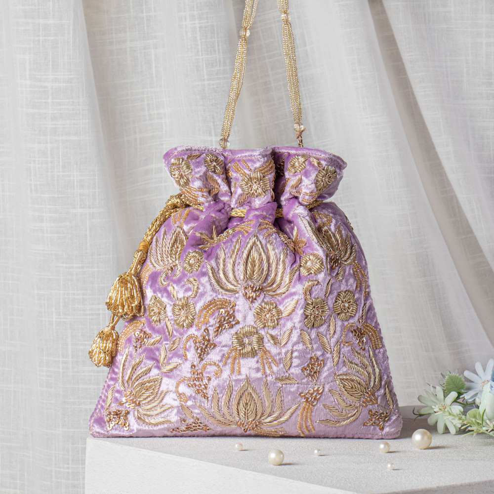 Image of Lavender Zardozi Embroidered Velvet Lotus Potli Bag