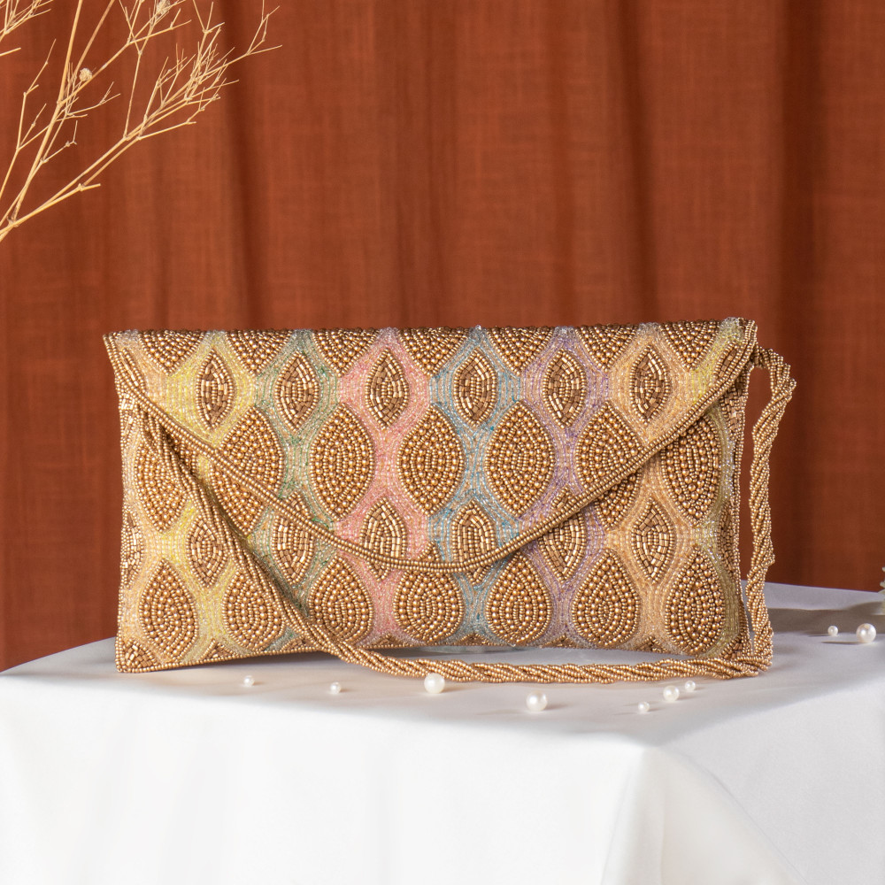 Image of Copper Multi-Colored Beaded Ethnic Flap Clutch