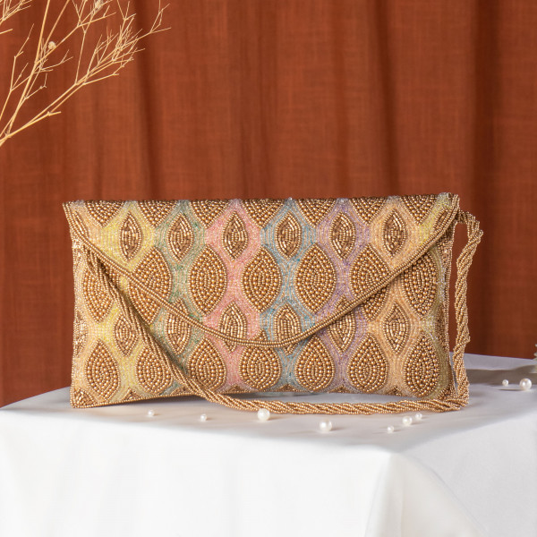 Copper Multi-Colored Beaded Ethnic Flap Clutch