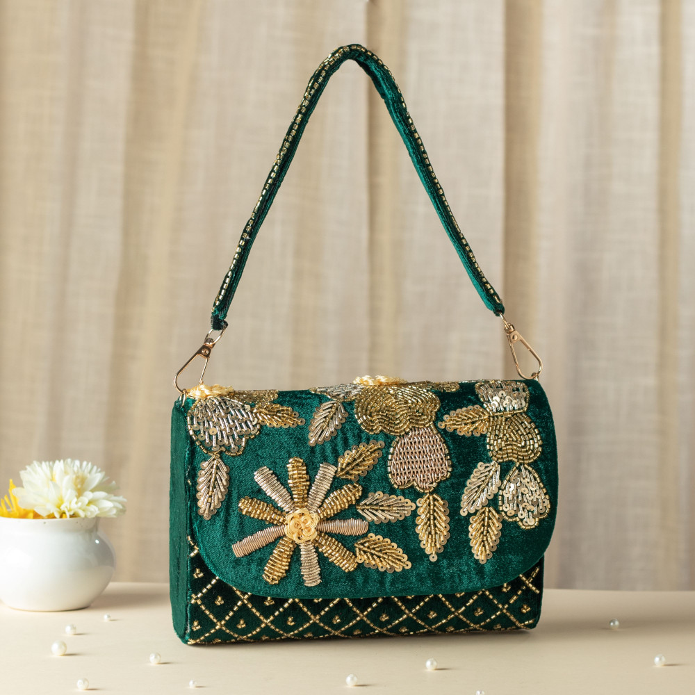Image of Green Velvet Zardosi &amp; Glass Bead Handcrafted Luxury Clutch