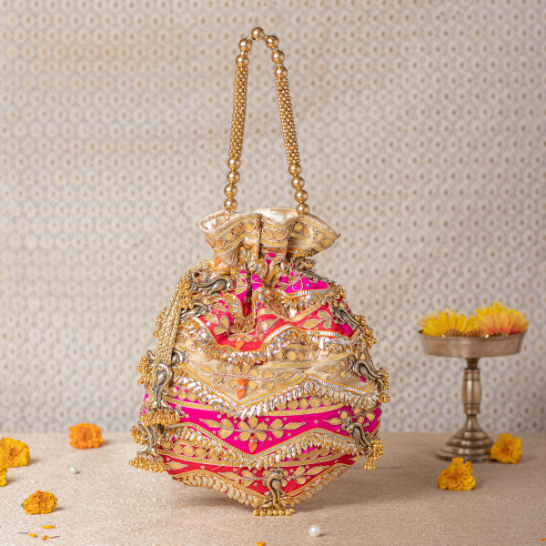 Premium Multicolor Gota Patti Potli Bag – Gold • Red • Pink