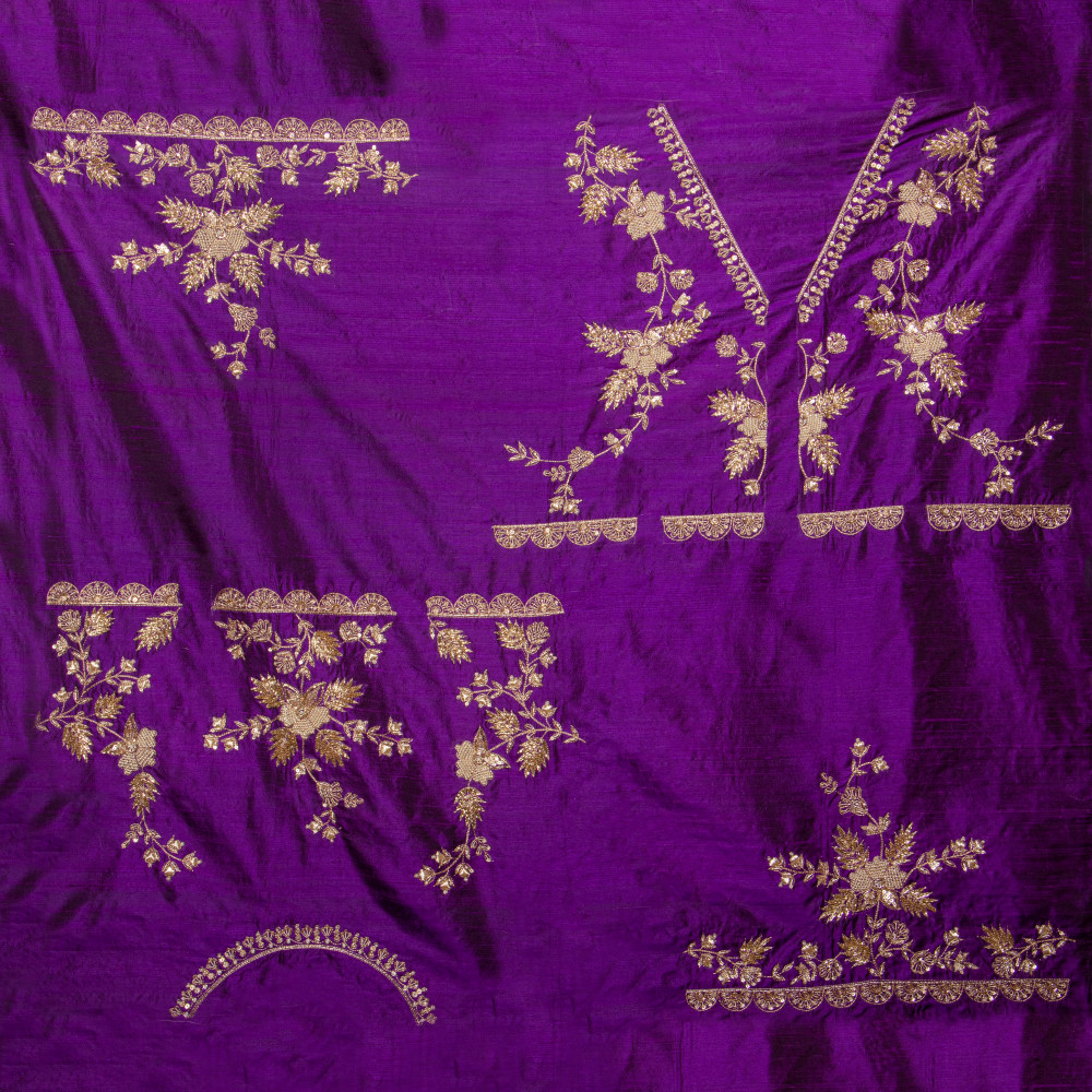 Image of Purple Raw Silk Fabric with Zardozi Embroidery – 1 Meter for Blouse