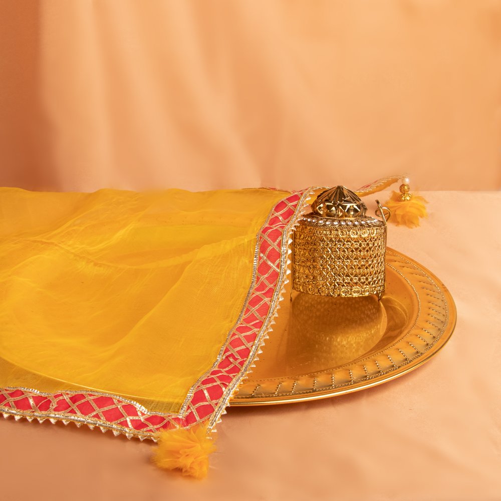 YELLOW decorative traditional indian gota embellish organza thali cover ...