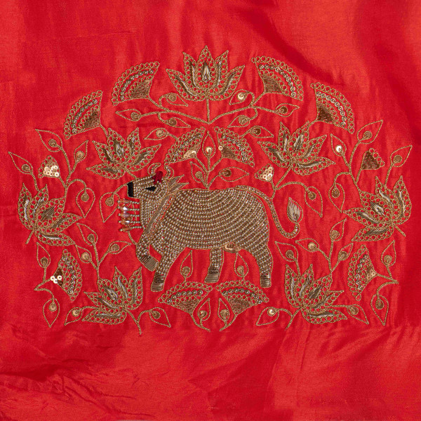 Ethnic Wedding Cow Pichwai Dori Marodi Embroidered OrangeBlouse Fabric