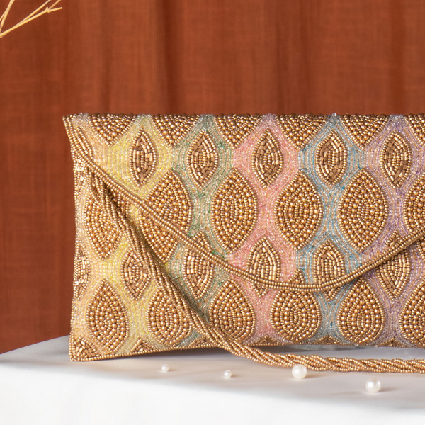 Copper Multi-Colored Beaded Ethnic Flap Clutch