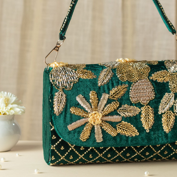 Green Velvet Zardosi & Glass Bead Handcrafted Luxury Clutch