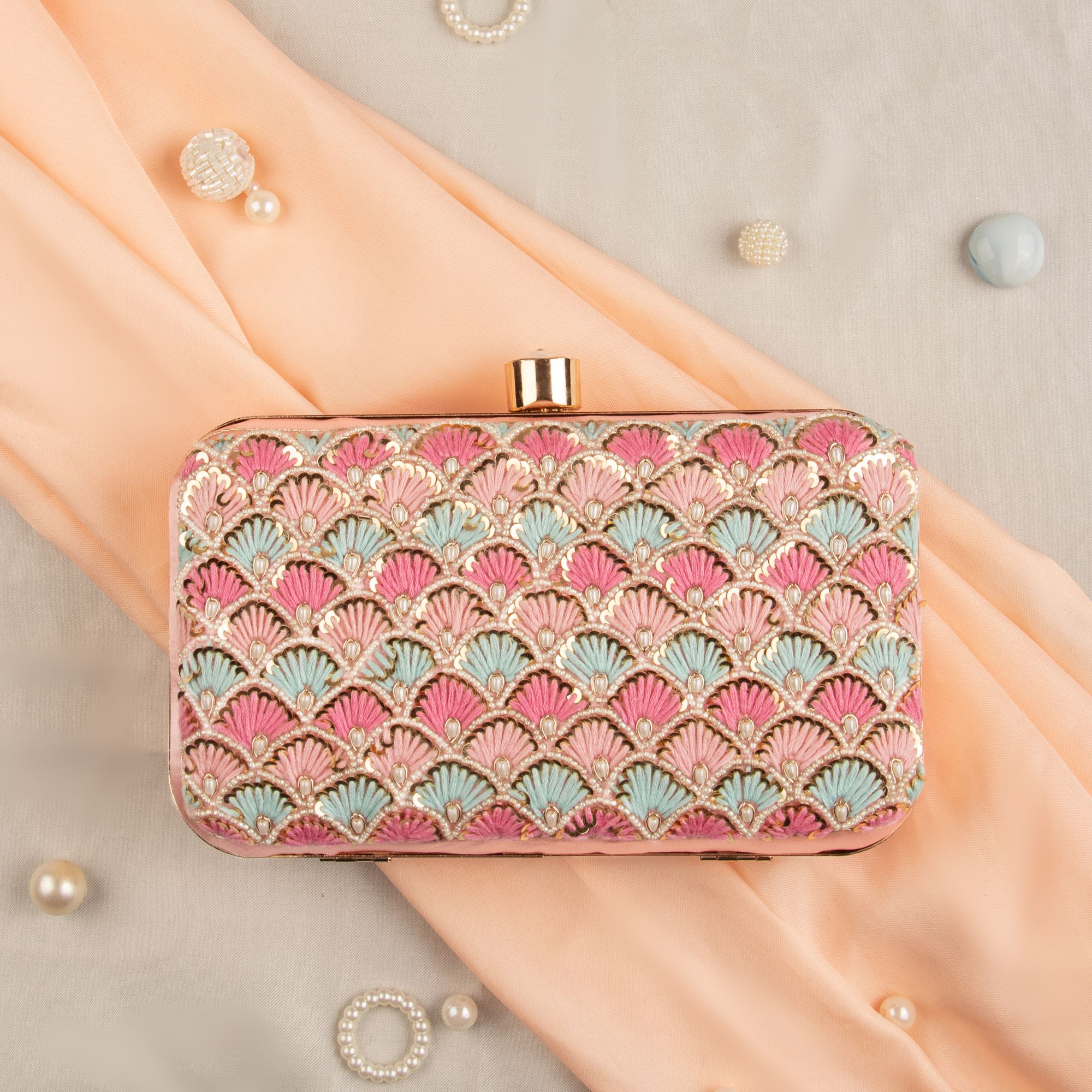 PINK silk wedding clutch bride purse beautiful zardosi sequin multi