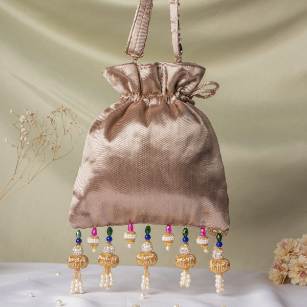 Jewellery Shrinathji Tissue Potli – Light Copper Gold | Regal Hand-Embroidered Potli Bag