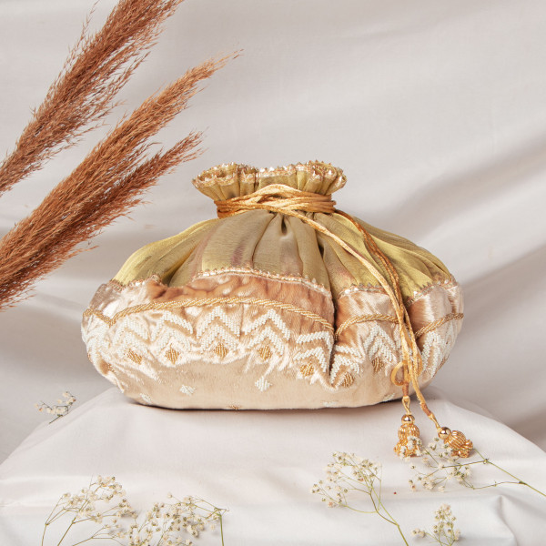 Elegant Gold Velvet Drawstring Godh Bharai Cover with Intricate Beadwork