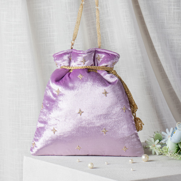 Lavender Zardozi Embroidered Velvet Lotus Potli Bag